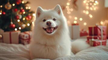A happy dog surrounded by gifts and festive decorations during the holiday season photo