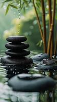 Calm water garden with stacked stones and bamboo in a serene natural setting photo