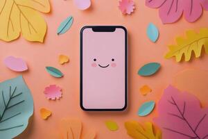 A cheerful smartphone surrounded by colorful autumn leaves on a bright background photo