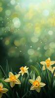 Daffodils blooming in a serene green field during springtime in soft morning light photo