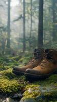 Person relaxing with hiking boots on soft moss under trees in a tranquil forest setting photo