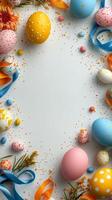 Colorful Easter decorations with eggs, flowers, and ribbons organized for spring celebration photo