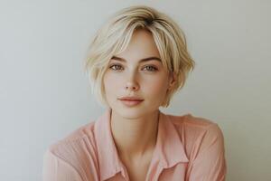 Young woman with short blonde hair and freckles in a light pink top posing in a bright setting photo