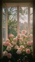 Beautiful bouquet of roses blooming by a sunlit window in a tranquil garden setting photo