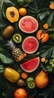 Colorful assortment of tropical fruits arranged on fresh green leaves in a natural setting photo