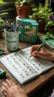 A person writing in a botanical journal surrounded by plants and creative tools in a cozy setting photo