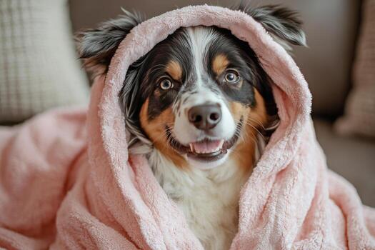 A happy dog wrapped in a soft pink blanket relaxing on a cozy couch in a home setting photo