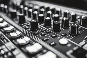 Close up view of audio mixing console with knobs and controls during music production session photo