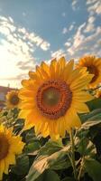 Sunflowers blooming brightly under a clear sky in the late afternoon light photo