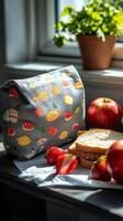 Freshly baked bread and apples displayed in a decorative basket on a rustic table photo