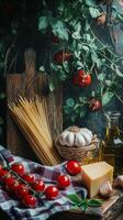 Creative display of fresh tomatoes, garlic, and olive oil for a tasty Italian meal photo