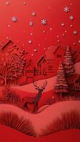 A serene red winter landscape featuring a deer and snowy houses under a starry sky photo