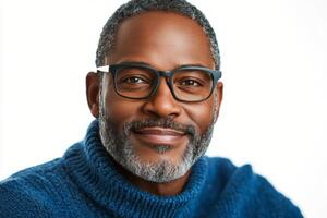 A joyful man smiles warmly while wearing glasses and a blue sweater against a light backdrop photo