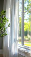 Sunlight streaming through a window onto a wooden floor in a serene garden setting photo