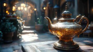 A golden ornate teapot resting on a wooden table in a sunny park near a flowing river in autumn photo