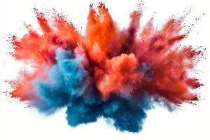 Vibrant explosion of colored powder against a white background during a creative activity photo