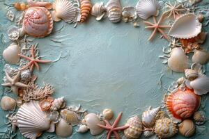 Delicate arrangement of various seashells and starfish on a light blue textured background photo