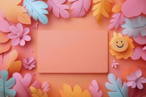 A cheerful smartphone surrounded by colorful autumn leaves on a bright background photo