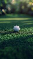 A close up view of a golf ball resting on lush green grass in soft daylight photo