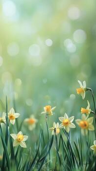 Daffodils blooming in a serene green field during springtime in soft morning light photo
