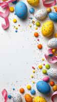Colorful Easter decorations with eggs, flowers, and ribbons organized for spring celebration photo