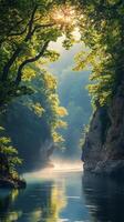 A tranquil river surrounded by lush greenery and steep cliffs during the early morning light photo