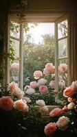 Beautiful bouquet of roses blooming by a sunlit window in a tranquil garden setting photo