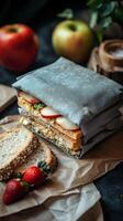 Freshly baked bread and apples displayed in a decorative basket on a rustic table photo