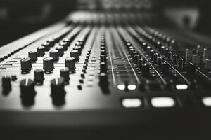 Close up view of audio mixing console with knobs and controls during music production session photo