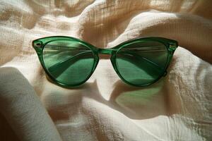 Stylish green sunglasses resting on a soft fabric background during daylight hours photo