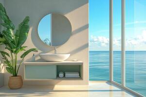 Modern bathroom design with ocean view providing natural light and greenery at sunrise photo