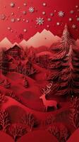 A serene red winter landscape featuring a deer and snowy houses under a starry sky photo
