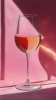 Elegant wine glass filled with pink liquid on a pastel pink background in soft lighting photo