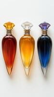 Three elegantly designed perfume bottles in vibrant colors on a neutral background photo
