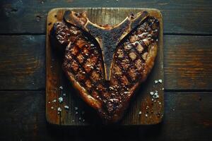 Juicy grilled steak resting on a wooden board with herbs at a rustic setting in the evening photo