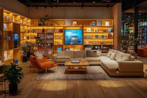 Modern living room with futuristic decor and digital interfaces at night in a city setting photo