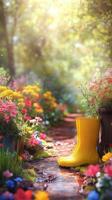 Bright yellow boots beside a vibrant flower garden with a winding path in early morning light photo