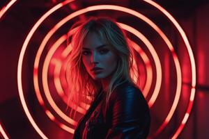 A young woman poses confidently under vibrant red lights in an urban setting at night photo