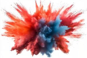 Vibrant explosion of colored powder against a white background during a creative activity photo