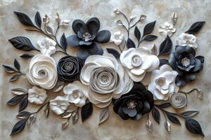 Elegant black and white floral arrangement with intricate details on a textured background photo
