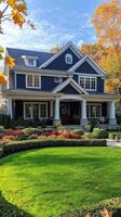 A beautiful suburban home with vibrant gardens and a clear blue sky on a sunny day photo