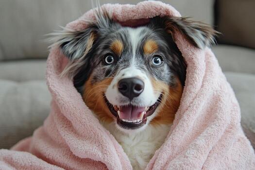 A happy dog wrapped in a soft pink blanket relaxing on a cozy couch in a home setting photo