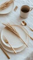 Elegant dining table setup featuring textured plates and gold utensils with dried flowers photo