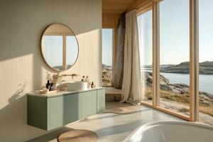Modern bathroom design with ocean view providing natural light and greenery at sunrise photo