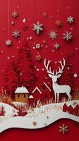 A serene red winter landscape featuring a deer and snowy houses under a starry sky photo