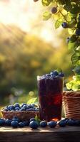 Freshly harvested blueberries in a basket with honey and jam against a sunny backdrop photo
