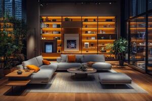 Modern living room with futuristic decor and digital interfaces at night in a city setting photo
