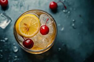 Refreshing beverage with cherries and lemon served over ice in a glass on a dark surface photo