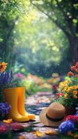 Bright yellow boots beside a vibrant flower garden with a winding path in early morning light photo