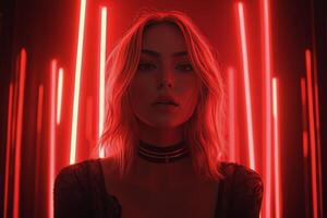 A young woman poses confidently under vibrant red lights in an urban setting at night photo